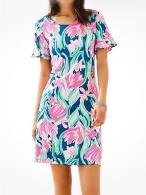 Lilly Pulitzer Mellorie Dress Pima Cotton Tropical Floral Blue Shift Dress M